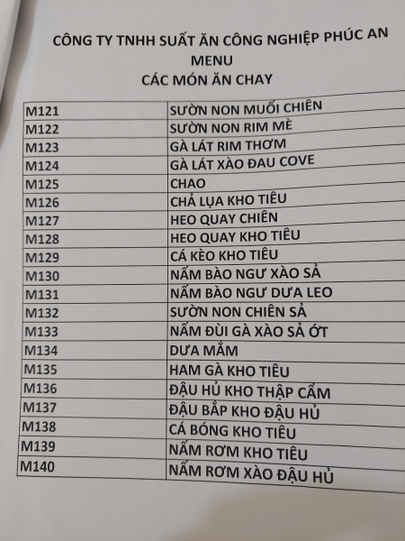 Thực đơn - Suất Ăn Công Nghiệp Phúc An - Công Ty TNHH Suất Ăn Công Nghiệp Phúc An